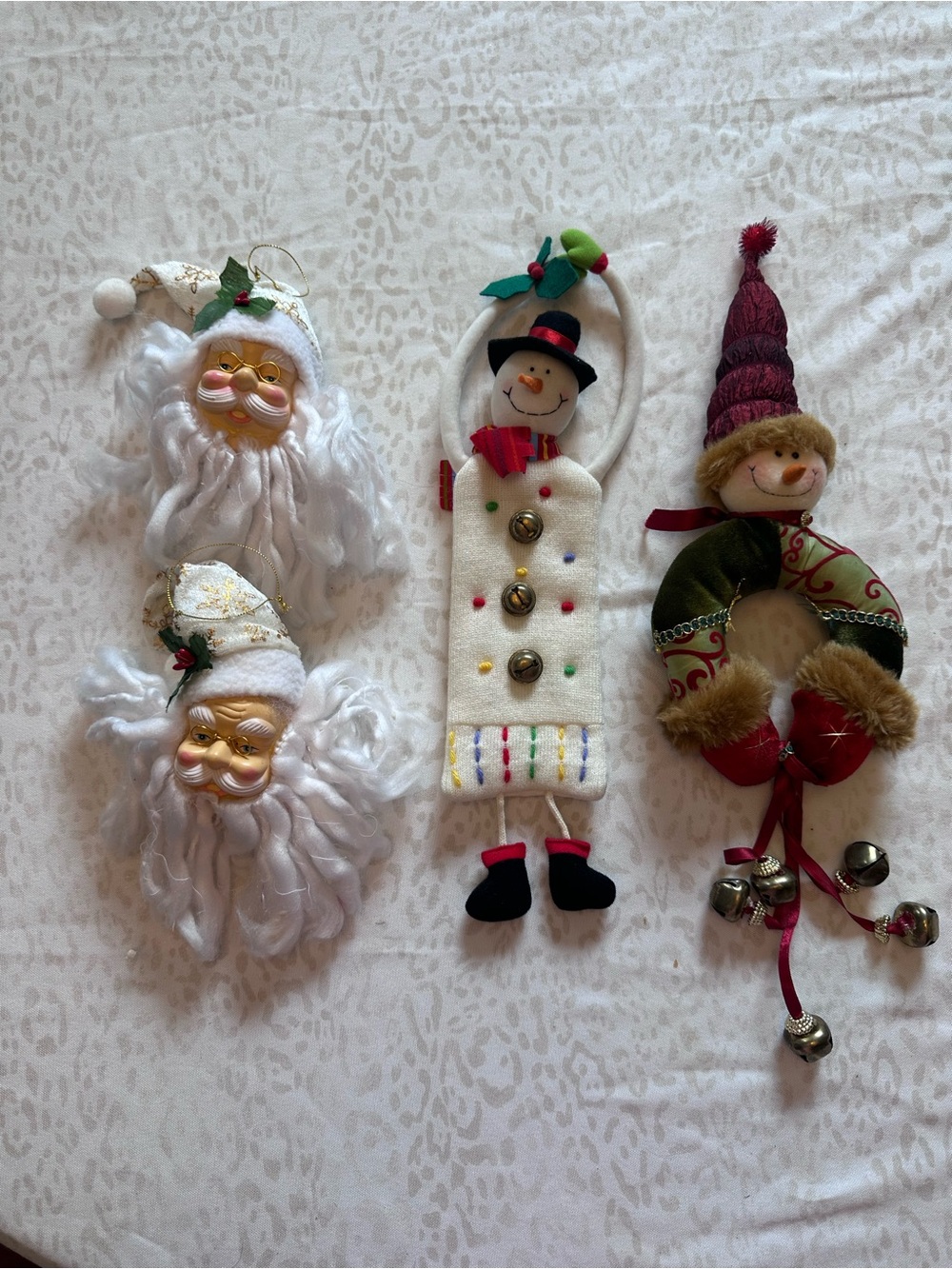 Vintage Plush Christmas Ornaments Lot Santa Clause & Snowman Bell Decorations⁠